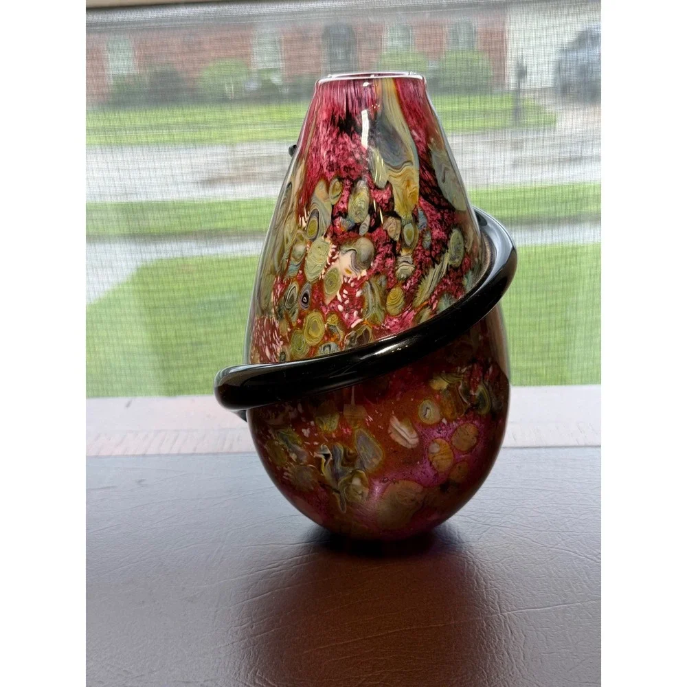 Robert Eickholdt 2000 Signed Studio Art Glass Vase Dichroic Black Wrap Sculpture
